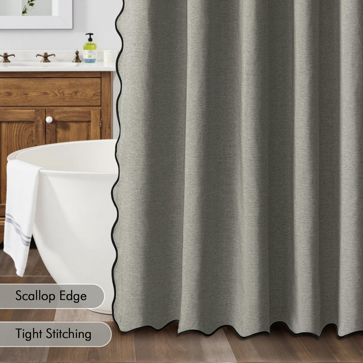 Beige Scalloped Shower Curtain Linen Textured with 12 Metal Hooks Cute Heavy Duty Washable Waterproof Neutral Thick Cloth Shower Curtains with Black Border for Bathroom Bathtub,W72*L72 Cream