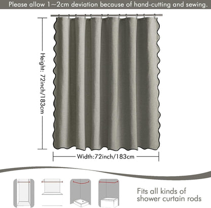 Beige Scalloped Shower Curtain Linen Textured with 12 Metal Hooks Cute Heavy Duty Washable Waterproof Neutral Thick Cloth Shower Curtains with Black Border for Bathroom Bathtub,W72*L72 Cream