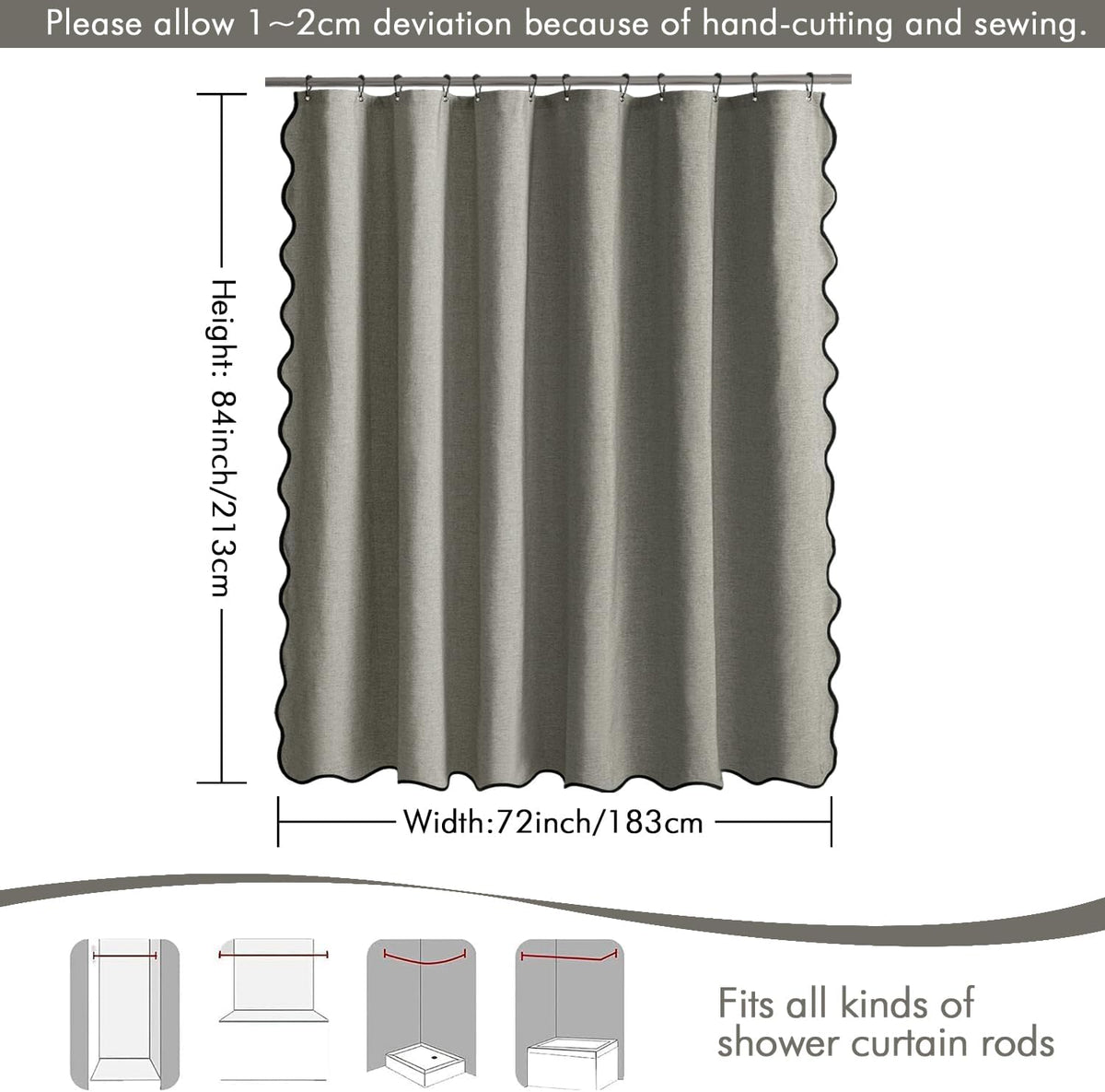 Beige Scalloped Shower Curtain Linen Textured with 12 Metal Hooks Cute Heavy Duty Washable Waterproof Neutral Thick Cloth Shower Curtains with Black Border for Bathroom Bathtub,W72*L72 Cream