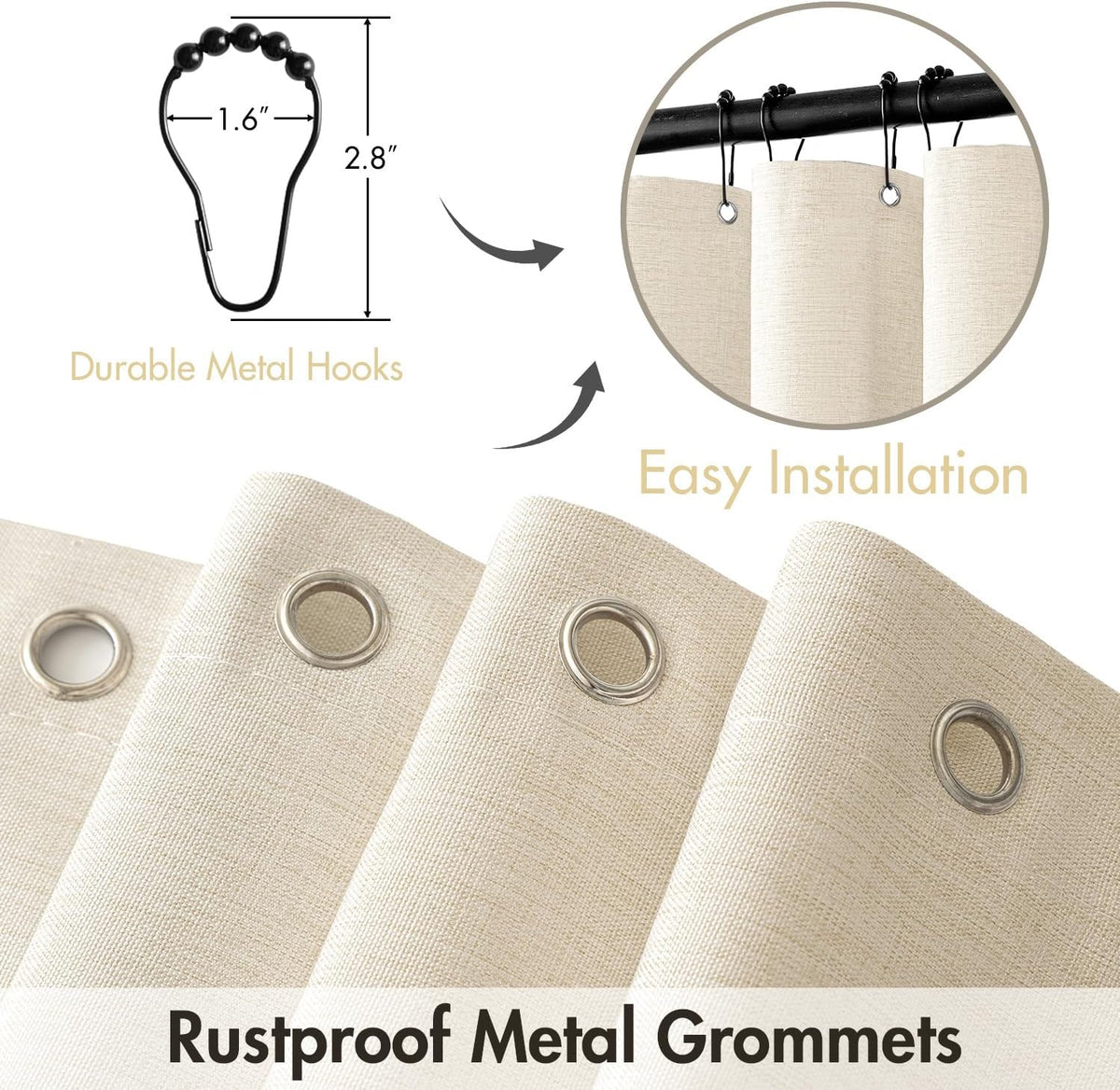 Beige Scalloped Shower Curtain Linen Textured with 12 Metal Hooks Cute Heavy Duty Washable Waterproof Neutral Thick Cloth Shower Curtains with Black Border for Bathroom Bathtub,W72*L72 Cream