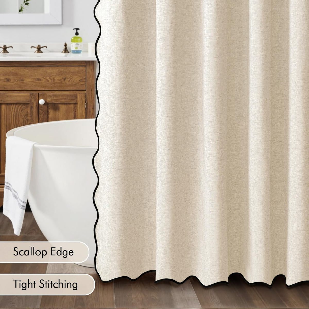 Beige Scalloped Shower Curtain Linen Textured with 12 Metal Hooks Cute Heavy Duty Washable Waterproof Neutral Thick Cloth Shower Curtains with Black Border for Bathroom Bathtub,W72*L72 Cream