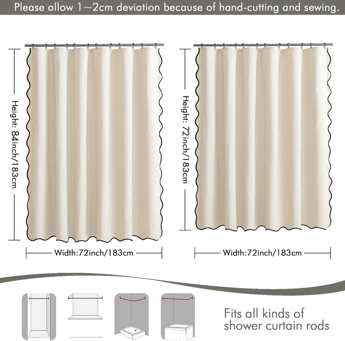 Beige Scalloped Shower Curtain Linen Textured with 12 Metal Hooks Cute Heavy Duty Washable Waterproof Neutral Thick Cloth Shower Curtains with Black Border for Bathroom Bathtub,W72*L72 Cream