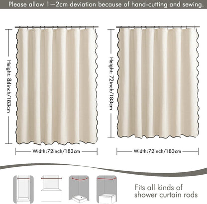 Beige Scalloped Shower Curtain Linen Textured with 12 Metal Hooks Cute Heavy Duty Washable Waterproof Neutral Thick Cloth Shower Curtains with Black Border for Bathroom Bathtub,W72*L72 Cream