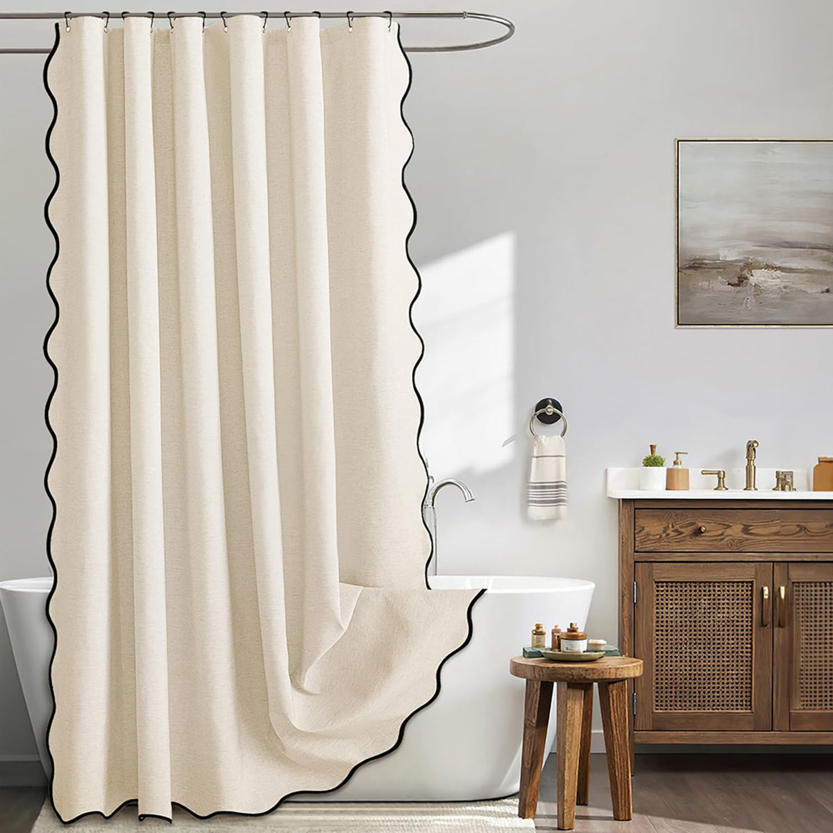 Beige Scalloped Shower Curtain Linen Textured with 12 Metal Hooks Cute Heavy Duty Washable Waterproof Neutral Thick Cloth Shower Curtains with Black Border for Bathroom Bathtub,W72*L72 Cream