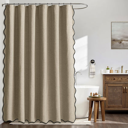 Beige Scalloped Shower Curtain Linen Textured with 12 Metal Hooks Cute Heavy Duty Washable Waterproof Neutral Thick Cloth Shower Curtains with Black Border for Bathroom Bathtub,W72*L72 Cream