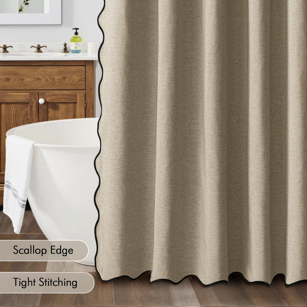 Beige Scalloped Shower Curtain Linen Textured with 12 Metal Hooks Cute Heavy Duty Washable Waterproof Neutral Thick Cloth Shower Curtains with Black Border for Bathroom Bathtub,W72*L72 Cream