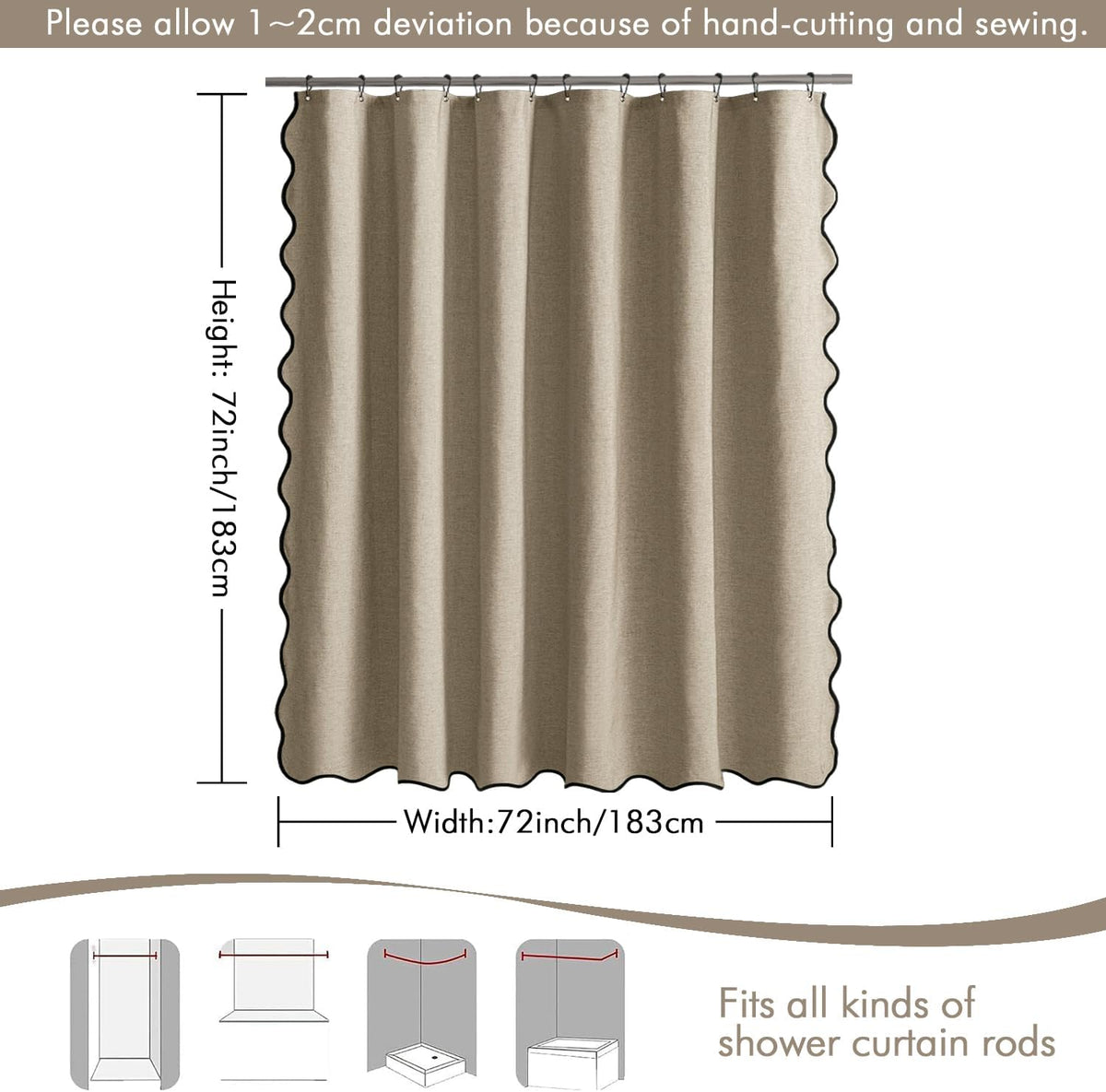 Beige Scalloped Shower Curtain Linen Textured with 12 Metal Hooks Cute Heavy Duty Washable Waterproof Neutral Thick Cloth Shower Curtains with Black Border for Bathroom Bathtub,W72*L72 Cream
