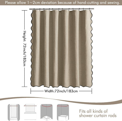 Beige Scalloped Shower Curtain Linen Textured with 12 Metal Hooks Cute Heavy Duty Washable Waterproof Neutral Thick Cloth Shower Curtains with Black Border for Bathroom Bathtub,W72*L72 Cream