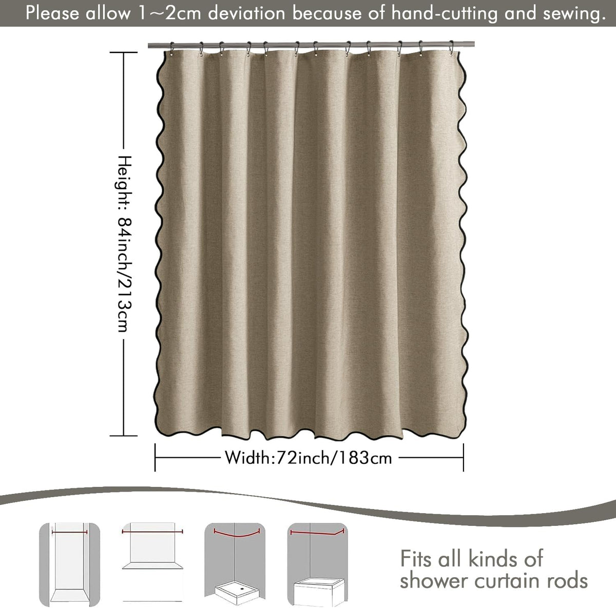 Beige Scalloped Shower Curtain Linen Textured with 12 Metal Hooks Cute Heavy Duty Washable Waterproof Neutral Thick Cloth Shower Curtains with Black Border for Bathroom Bathtub,W72*L72 Cream