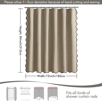 Beige Scalloped Shower Curtain Linen Textured with 12 Metal Hooks Cute Heavy Duty Washable Waterproof Neutral Thick Cloth Shower Curtains with Black Border for Bathroom Bathtub,W72*L72 Cream