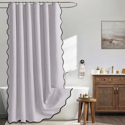 Beige Scalloped Shower Curtain Linen Textured with 12 Metal Hooks Cute Heavy Duty Washable Waterproof Neutral Thick Cloth Shower Curtains with Black Border for Bathroom Bathtub,W72*L72 Cream
