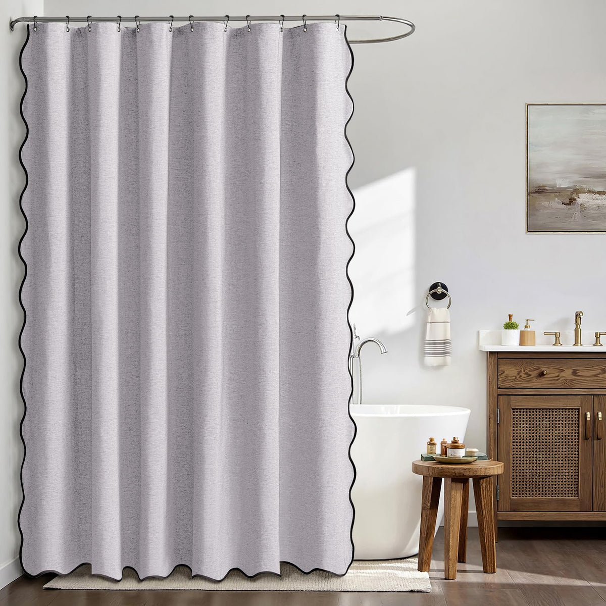 Beige Scalloped Shower Curtain Linen Textured with 12 Metal Hooks Cute Heavy Duty Washable Waterproof Neutral Thick Cloth Shower Curtains with Black Border for Bathroom Bathtub,W72*L72 Cream