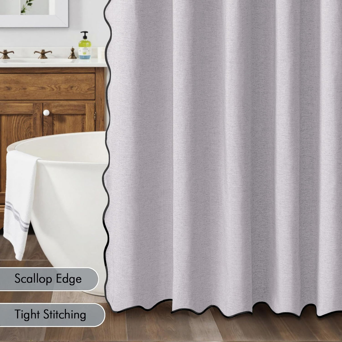 Beige Scalloped Shower Curtain Linen Textured with 12 Metal Hooks Cute Heavy Duty Washable Waterproof Neutral Thick Cloth Shower Curtains with Black Border for Bathroom Bathtub,W72*L72 Cream