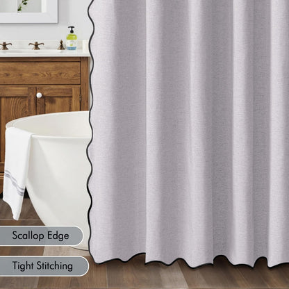 Beige Scalloped Shower Curtain Linen Textured with 12 Metal Hooks Cute Heavy Duty Washable Waterproof Neutral Thick Cloth Shower Curtains with Black Border for Bathroom Bathtub,W72*L72 Cream
