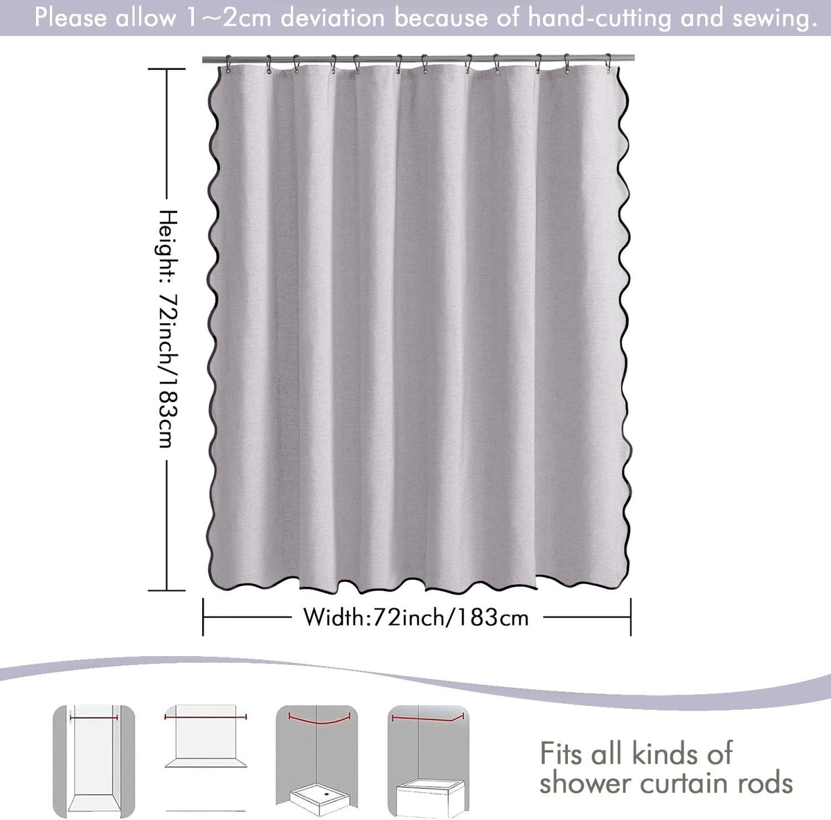 Beige Scalloped Shower Curtain Linen Textured with 12 Metal Hooks Cute Heavy Duty Washable Waterproof Neutral Thick Cloth Shower Curtains with Black Border for Bathroom Bathtub,W72*L72 Cream