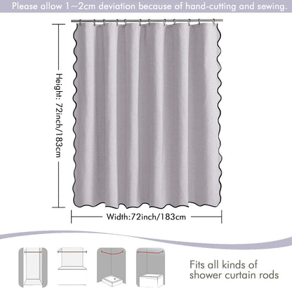 Beige Scalloped Shower Curtain Linen Textured with 12 Metal Hooks Cute Heavy Duty Washable Waterproof Neutral Thick Cloth Shower Curtains with Black Border for Bathroom Bathtub,W72*L72 Cream