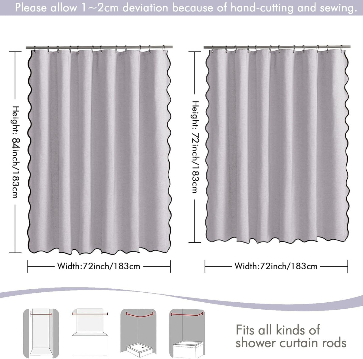 Beige Scalloped Shower Curtain Linen Textured with 12 Metal Hooks Cute Heavy Duty Washable Waterproof Neutral Thick Cloth Shower Curtains with Black Border for Bathroom Bathtub,W72*L72 Cream