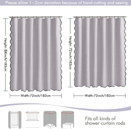 Beige Scalloped Shower Curtain Linen Textured with 12 Metal Hooks Cute Heavy Duty Washable Waterproof Neutral Thick Cloth Shower Curtains with Black Border for Bathroom Bathtub,W72*L72 Cream