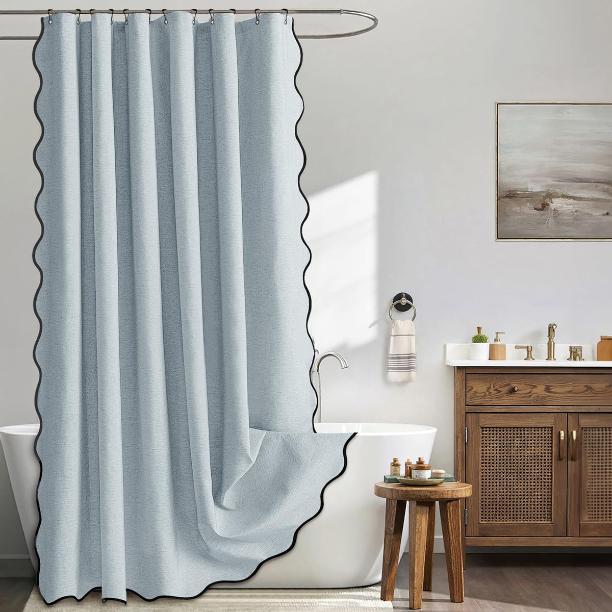 Beige Scalloped Shower Curtain Linen Textured with 12 Metal Hooks Cute Heavy Duty Washable Waterproof Neutral Thick Cloth Shower Curtains with Black Border for Bathroom Bathtub,W72*L72 Cream