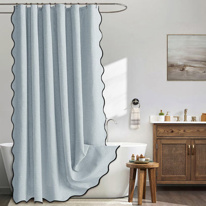 Beige Scalloped Shower Curtain Linen Textured with 12 Metal Hooks Cute Heavy Duty Washable Waterproof Neutral Thick Cloth Shower Curtains with Black Border for Bathroom Bathtub,W72*L72 Cream