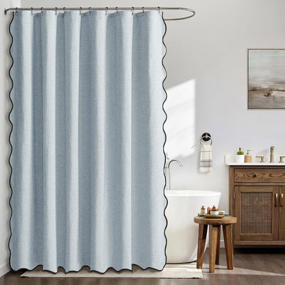 Beige Scalloped Shower Curtain Linen Textured with 12 Metal Hooks Cute Heavy Duty Washable Waterproof Neutral Thick Cloth Shower Curtains with Black Border for Bathroom Bathtub,W72*L72 Cream