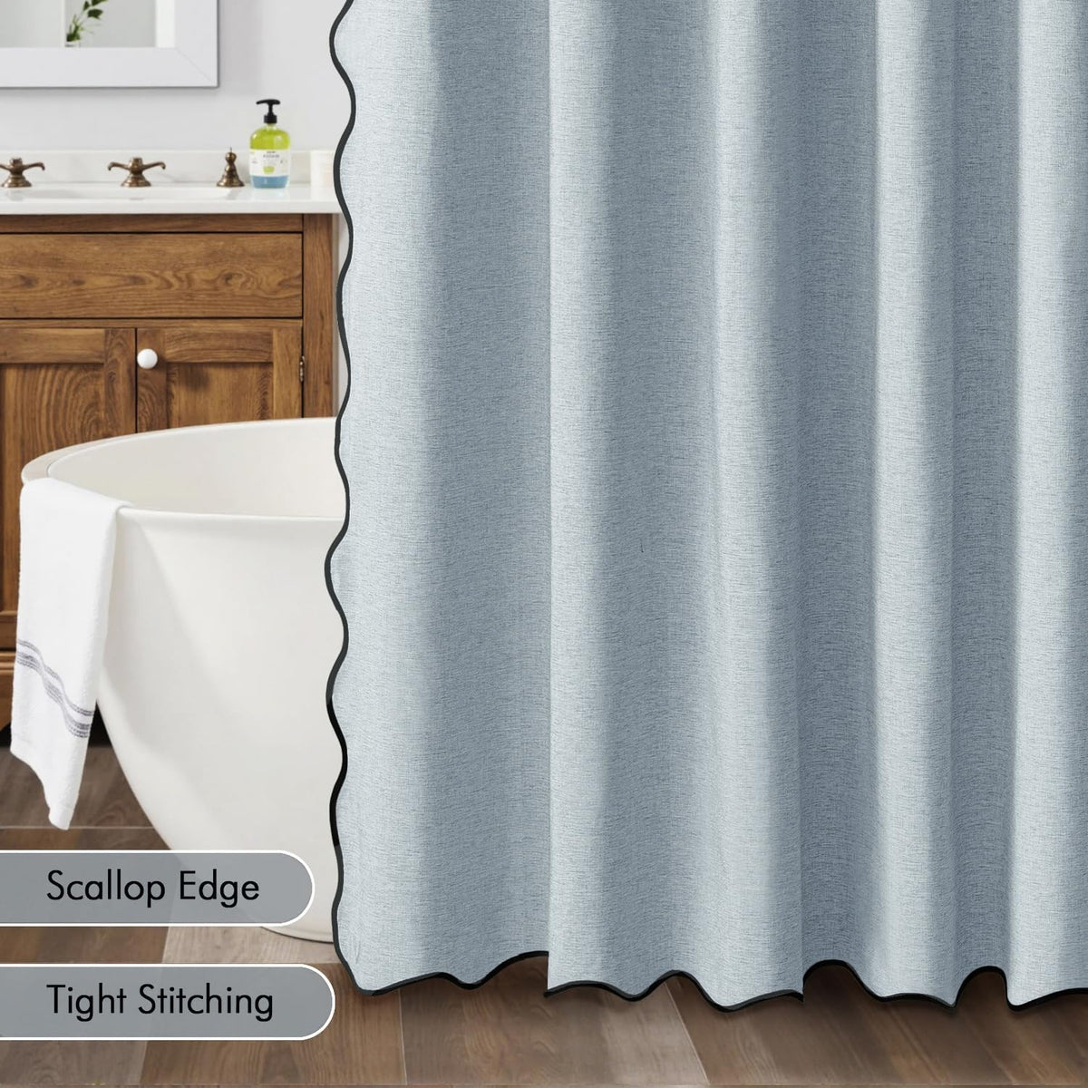Beige Scalloped Shower Curtain Linen Textured with 12 Metal Hooks Cute Heavy Duty Washable Waterproof Neutral Thick Cloth Shower Curtains with Black Border for Bathroom Bathtub,W72*L72 Cream