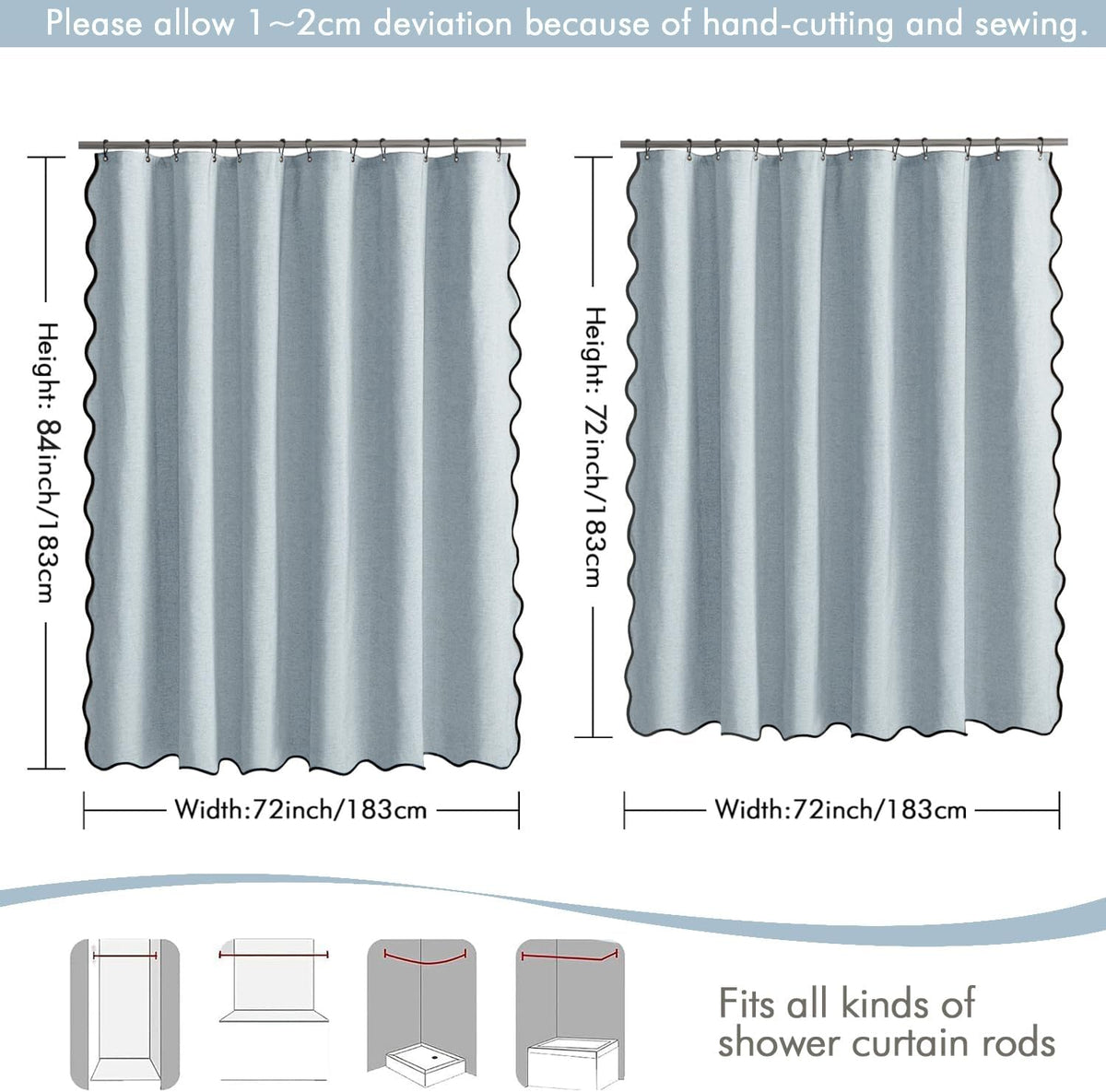 Beige Scalloped Shower Curtain Linen Textured with 12 Metal Hooks Cute Heavy Duty Washable Waterproof Neutral Thick Cloth Shower Curtains with Black Border for Bathroom Bathtub,W72*L72 Cream