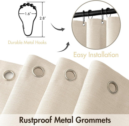 Beige Scalloped Shower Curtain Linen Textured with 12 Metal Hooks Cute Heavy Duty Washable Waterproof Neutral Thick Cloth Shower Curtains with Black Border for Bathroom Bathtub,W72*L72 Cream