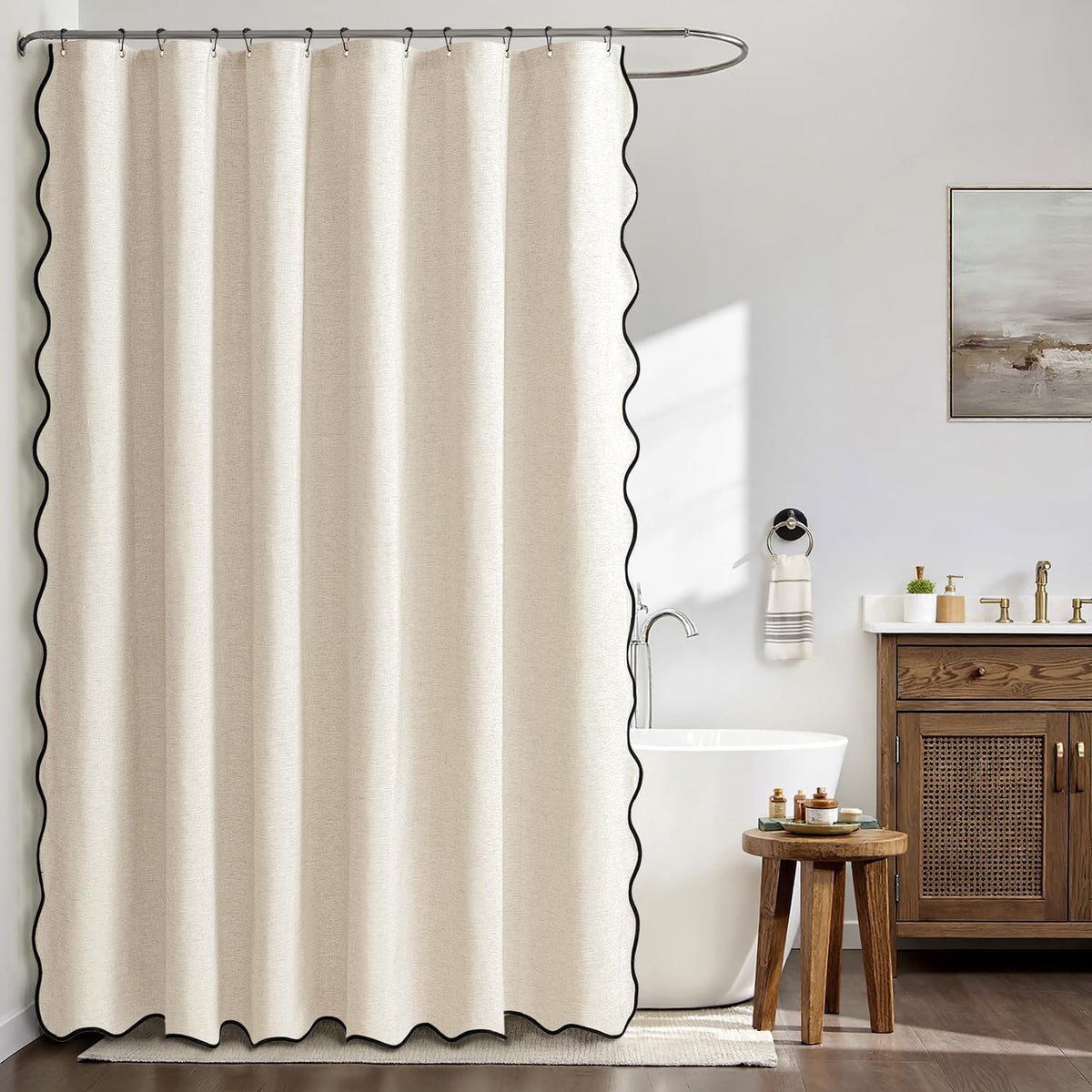Beige Scalloped Shower Curtain Linen Textured with 12 Metal Hooks Cute Heavy Duty Washable Waterproof Neutral Thick Cloth Shower Curtains with Black Border for Bathroom Bathtub,W72*L72 Cream