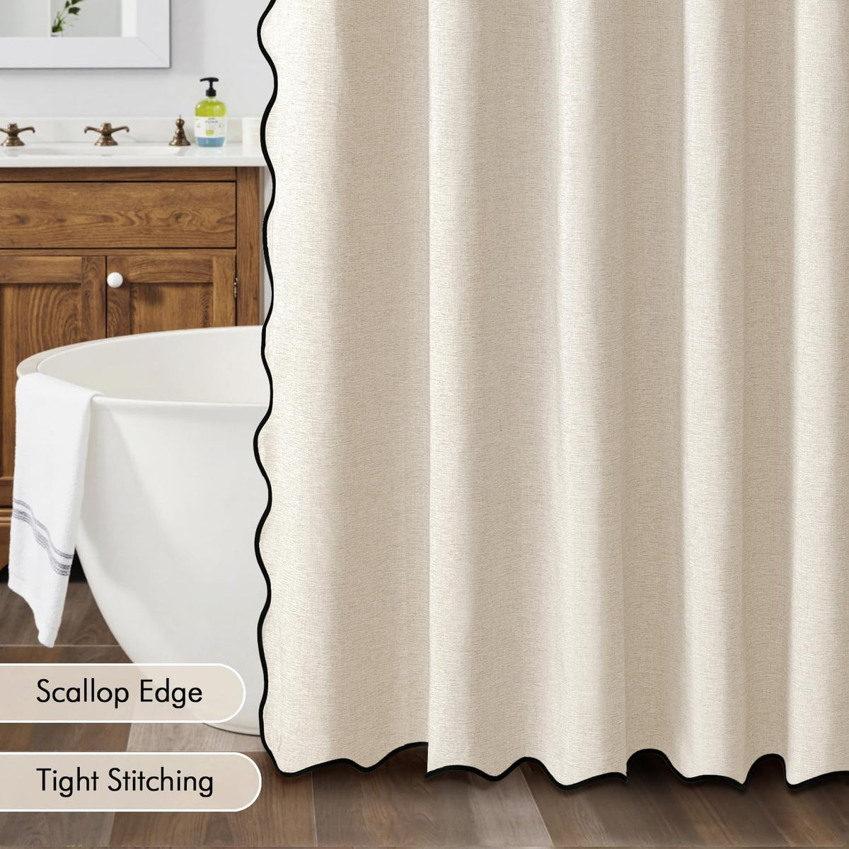 Beige Scalloped Shower Curtain Linen Textured with 12 Metal Hooks Cute Heavy Duty Washable Waterproof Neutral Thick Cloth Shower Curtains with Black Border for Bathroom Bathtub,W72*L72 Cream
