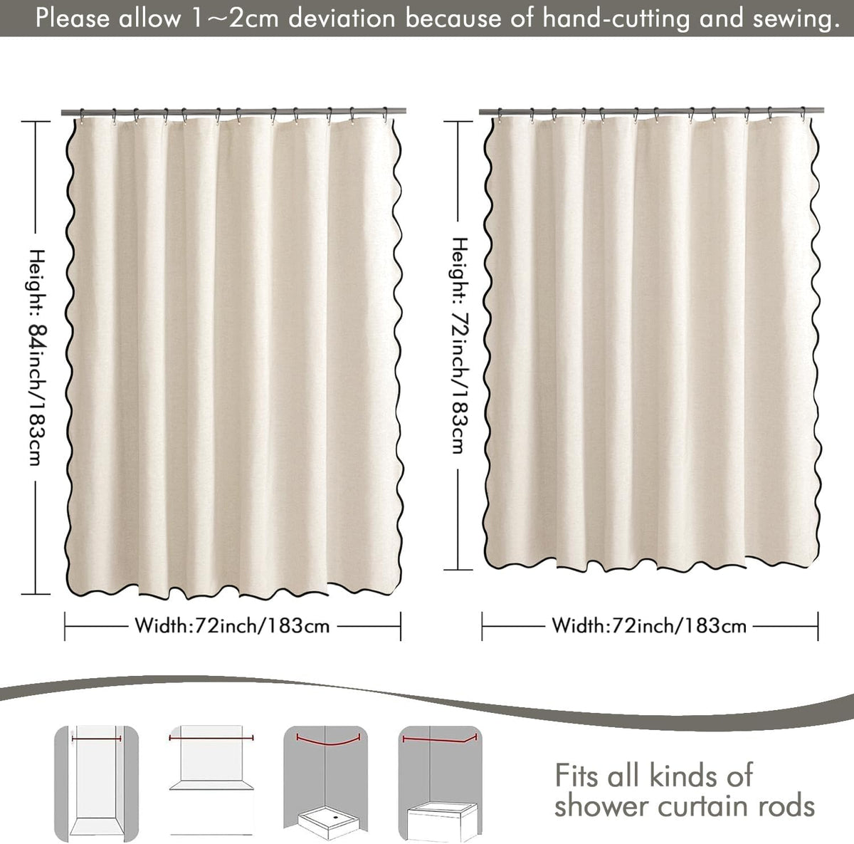 Beige Scalloped Shower Curtain Linen Textured with 12 Metal Hooks Cute Heavy Duty Washable Waterproof Neutral Thick Cloth Shower Curtains with Black Border for Bathroom Bathtub,W72*L72 Cream