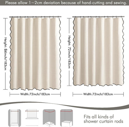 Beige Scalloped Shower Curtain Linen Textured with 12 Metal Hooks Cute Heavy Duty Washable Waterproof Neutral Thick Cloth Shower Curtains with Black Border for Bathroom Bathtub,W72*L72 Cream