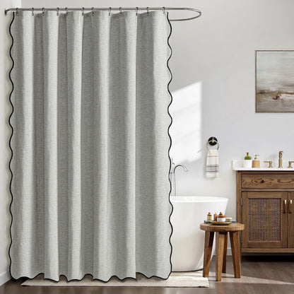 Beige Scalloped Shower Curtain Linen Textured with 12 Metal Hooks Cute Heavy Duty Washable Waterproof Neutral Thick Cloth Shower Curtains with Black Border for Bathroom Bathtub,W72*L72 Cream