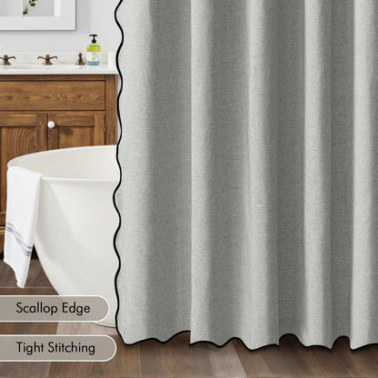 Beige Scalloped Shower Curtain Linen Textured with 12 Metal Hooks Cute Heavy Duty Washable Waterproof Neutral Thick Cloth Shower Curtains with Black Border for Bathroom Bathtub,W72*L72 Cream