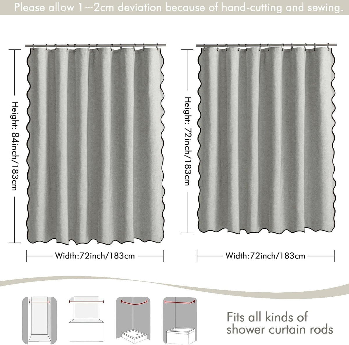 Beige Scalloped Shower Curtain Linen Textured with 12 Metal Hooks Cute Heavy Duty Washable Waterproof Neutral Thick Cloth Shower Curtains with Black Border for Bathroom Bathtub,W72*L72 Cream