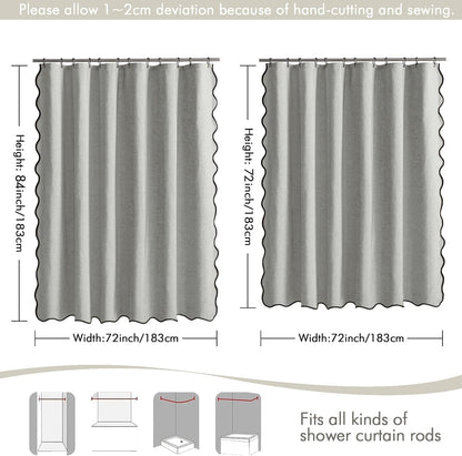 Beige Scalloped Shower Curtain Linen Textured with 12 Metal Hooks Cute Heavy Duty Washable Waterproof Neutral Thick Cloth Shower Curtains with Black Border for Bathroom Bathtub,W72*L72 Cream
