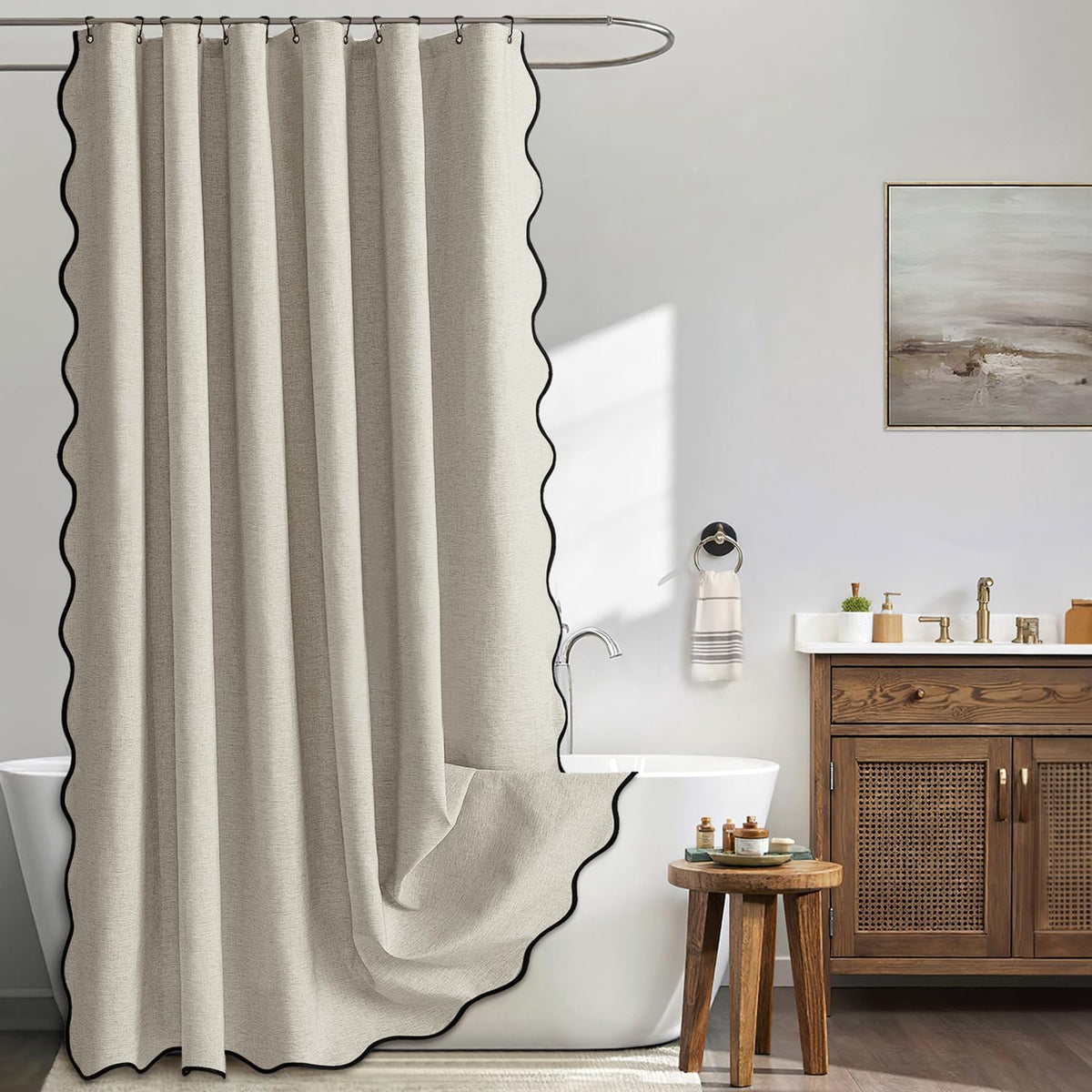 Beige Scalloped Shower Curtain Linen Textured with 12 Metal Hooks Cute Heavy Duty Washable Waterproof Neutral Thick Cloth Shower Curtains with Black Border for Bathroom Bathtub,W72*L72 Cream