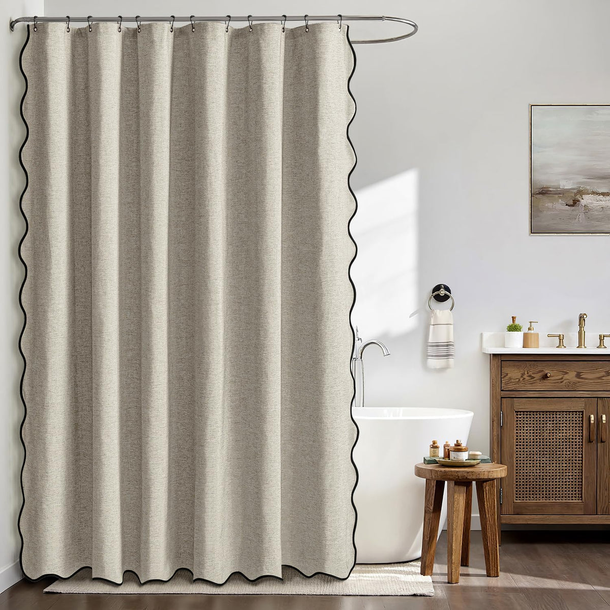 Beige Scalloped Shower Curtain Linen Textured with 12 Metal Hooks Cute Heavy Duty Washable Waterproof Neutral Thick Cloth Shower Curtains with Black Border for Bathroom Bathtub,W72*L72 Cream