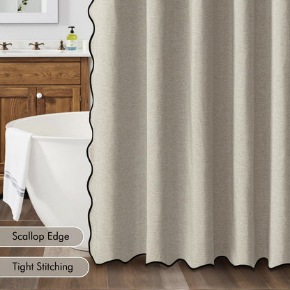 Beige Scalloped Shower Curtain Linen Textured with 12 Metal Hooks Cute Heavy Duty Washable Waterproof Neutral Thick Cloth Shower Curtains with Black Border for Bathroom Bathtub,W72*L72 Cream