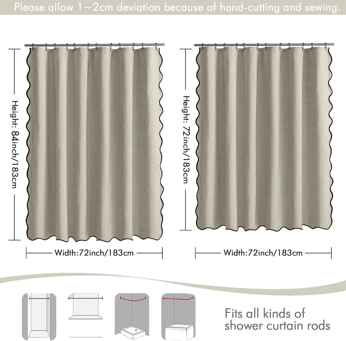 Beige Scalloped Shower Curtain Linen Textured with 12 Metal Hooks Cute Heavy Duty Washable Waterproof Neutral Thick Cloth Shower Curtains with Black Border for Bathroom Bathtub,W72*L72 Cream