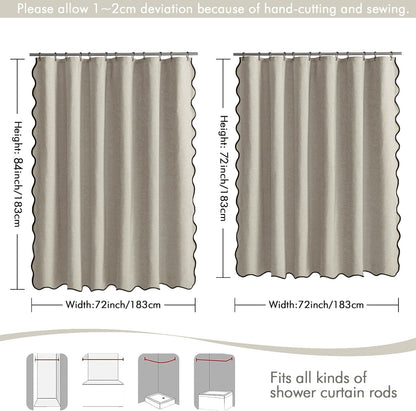 Beige Scalloped Shower Curtain Linen Textured with 12 Metal Hooks Cute Heavy Duty Washable Waterproof Neutral Thick Cloth Shower Curtains with Black Border for Bathroom Bathtub,W72*L72 Cream