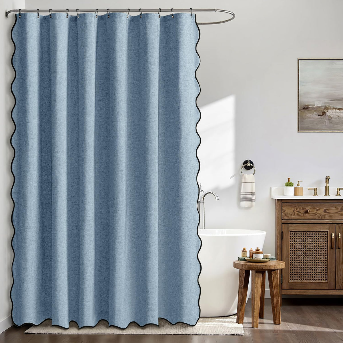 Beige Scalloped Shower Curtain Linen Textured with 12 Metal Hooks Cute Heavy Duty Washable Waterproof Neutral Thick Cloth Shower Curtains with Black Border for Bathroom Bathtub,W72*L72 Cream