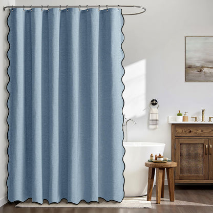 Beige Scalloped Shower Curtain Linen Textured with 12 Metal Hooks Cute Heavy Duty Washable Waterproof Neutral Thick Cloth Shower Curtains with Black Border for Bathroom Bathtub,W72*L72 Cream