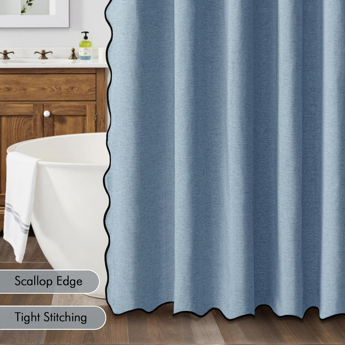 Beige Scalloped Shower Curtain Linen Textured with 12 Metal Hooks Cute Heavy Duty Washable Waterproof Neutral Thick Cloth Shower Curtains with Black Border for Bathroom Bathtub,W72*L72 Cream