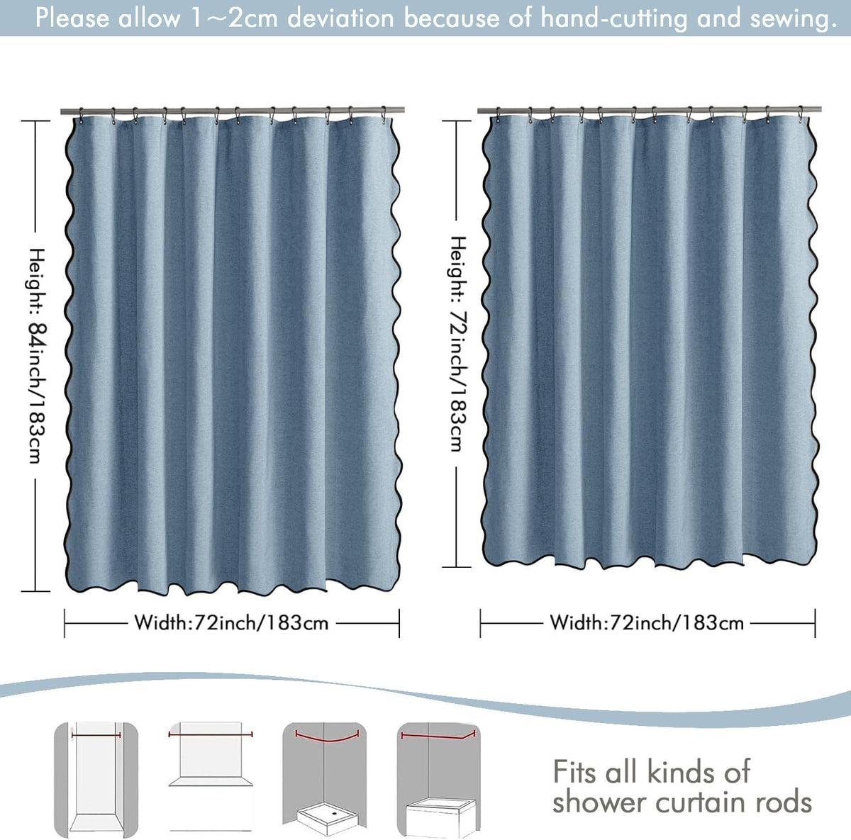 Beige Scalloped Shower Curtain Linen Textured with 12 Metal Hooks Cute Heavy Duty Washable Waterproof Neutral Thick Cloth Shower Curtains with Black Border for Bathroom Bathtub,W72*L72 Cream