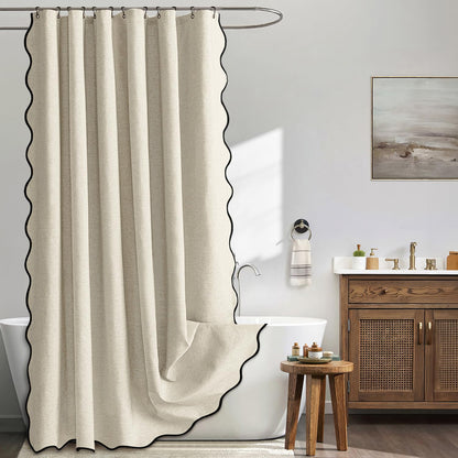 Beige Scalloped Shower Curtain Linen Textured with 12 Metal Hooks Cute Heavy Duty Washable Waterproof Neutral Thick Cloth Shower Curtains with Black Border for Bathroom Bathtub,W72*L72 Cream