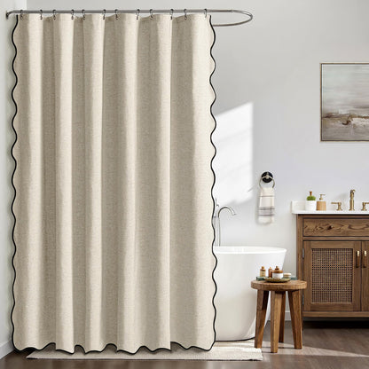 Beige Scalloped Shower Curtain Linen Textured with 12 Metal Hooks Cute Heavy Duty Washable Waterproof Neutral Thick Cloth Shower Curtains with Black Border for Bathroom Bathtub,W72*L72 Cream