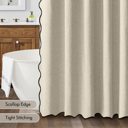 Beige Scalloped Shower Curtain Linen Textured with 12 Metal Hooks Cute Heavy Duty Washable Waterproof Neutral Thick Cloth Shower Curtains with Black Border for Bathroom Bathtub,W72*L72 Cream