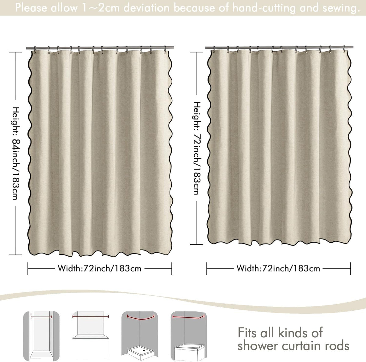 Beige Scalloped Shower Curtain Linen Textured with 12 Metal Hooks Cute Heavy Duty Washable Waterproof Neutral Thick Cloth Shower Curtains with Black Border for Bathroom Bathtub,W72*L72 Cream