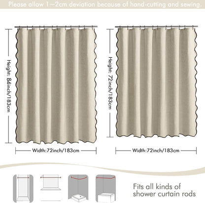 Beige Scalloped Shower Curtain Linen Textured with 12 Metal Hooks Cute Heavy Duty Washable Waterproof Neutral Thick Cloth Shower Curtains with Black Border for Bathroom Bathtub,W72*L72 Cream